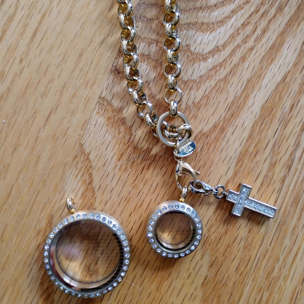 Origami Owl Necklace Chain & Two Lockets w/ Cross